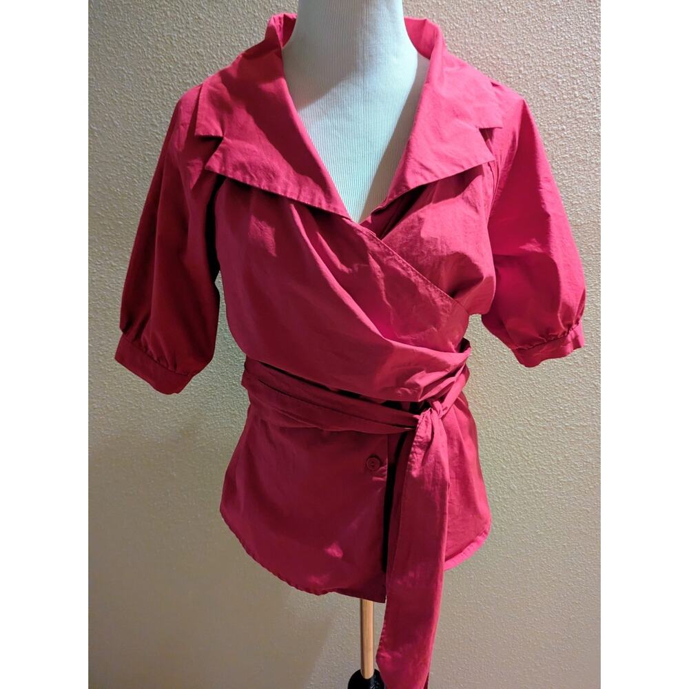 Magenta Wrap Blouse Tie Waist Top Short Sleeve Collared V Neck Feminine Chic